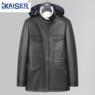 凱撒（KAISER）珍藏版進口十字貂鹿皮皮衣男水貂內(nèi)膽貂絨貂皮大衣連帽中長款外套 黑色（進口寶嘉美十字貂絨） 十字貂絨袖 XL