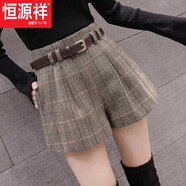 恒源祥2025秋冬裝新款格子高腰短褲女毛呢時(shí)尚配腰帶百搭外穿顯瘦靴褲子 卡其色今年流行的輕奢品牌 M 95斤-105斤