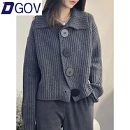 DGOV南瓜橘色翻領(lǐng)針織衫女毛衣外套女秋季法式復(fù)古感寬松歐貨外套 深灰色 S (85-105斤)