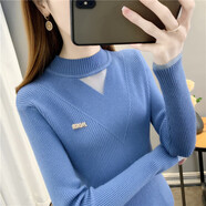 香影純時(shí)尚蕾絲網(wǎng)紗毛衣女秋冬內搭彈力針織打底衫2025年新爆款春秋上衣 灰藍色 L (建議105-115斤)