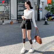 皮爾卡丹深灰色毛呢a字短褲女秋冬2025新款高腰顯瘦休閑外穿打底闊腿靴褲 深灰色配皮帶 S