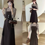 2025秋新款時(shí)髦高級感圓領(lǐng)長(cháng)袖t恤+側綁帶吊帶連衣裙套裝女 咖啡色吊帶裙十中咖T L 碼115斤至125斤