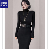 羅蒙（ROMON）百搭秋冬高領(lǐng)緊身針織裙包臀連衣裙收腰顯瘦女打底中長(cháng)款內搭毛衣 黑色(不配腰帶) 均碼