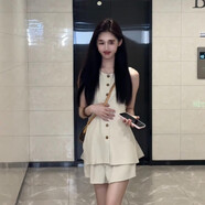 LMVXRM性感歐美風(fēng)小香風(fēng)套裝夏季女裝杏色吊帶上衣時(shí)尚休閑裝 杏色套裝 S (80-100斤)-48小時(shí)內(nèi)發(fā)貨