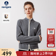 Navigare意大利小帆船羊毛衫女士秋冬季半高領(lǐng)彈力休閑毛衣通勤針織開衫女 知更雀灰/白 L