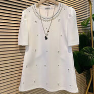 加大碼女裝歐洲站洋氣短袖上衣胖妹妹百搭顯瘦釘珠燙鉆半袖T恤衫 白色 4XL 4XL建議150-170斤