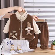 圓圓米米童裝男童套裝秋款嬰兒衣服春裝兩件套0一4歲男寶寶春秋衣服春秋款 KN253223三件套咖色 100 碼（85-90cm）2-3歲