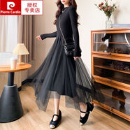 皮爾卡丹（pierre cardin）春裝長款過膝針織連衣裙女2025春秋中長款蕾絲拼接毛衣裙修身顯瘦 黑色 S