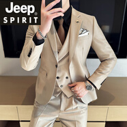 JEEP SPIRIT吉普西裝馬甲套裝男商務(wù)韓版修身馬夾雙排扣V領(lǐng)設計新郎伴郎西裝 米白色【西服+馬甲+西褲】 M