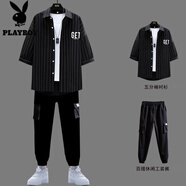 花花公子2025夏新款男運動(dòng)休閑三件套酷帥潮穿搭 HC38黑色/襯衫+工裝褲 M 建議80-100斤