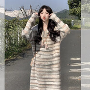 園翌條紋針織內搭開(kāi)春連衣裙子搭配一整套女秋冬2025春秋毛衣中長(cháng)裙 淺藍拼藍條(冬裝搭配一整套甜妹) S 40/45kg