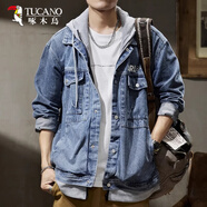 啄木鳥(niǎo)（TUCANO）2025假兩件牛仔外套男士春秋季衛衣連帽子痞帥潮牌寬松夾克男衣服 藍色【假兩件】 M 【適合110-130斤】