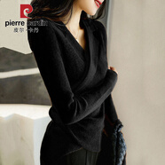 皮爾卡丹法式西裝領(lǐng)毛衣女大碼寬松韓版上衣潮套頭長(cháng)袖百搭時(shí)尚針織衫 黑色 S 建議90斤以下