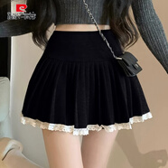 皮爾卡丹蕾絲拼接半身裙女秋冬2025新款高腰毛呢百褶裙短裙A字裙半裙裙子 黑色 S
