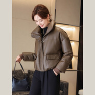 艾彼黛施真皮綿羊皮鵝絨服外套女短款高端韓版面包服真皮羽絨服冬新款 橄欖黃 S  90-120斤