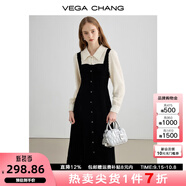 VEGA CHANG絲絨連衣裙女2025年秋冬新款顯瘦氣質(zhì)拼接假兩件長裙子 黑拼米 M