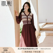 香影紅色波西米亞連衣裙女2025秋季新款v領(lǐng)花邊復(fù)古針織拼接裙子 紅色 S