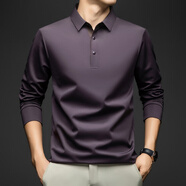 花花公子桑蠶絲無(wú)痕長(cháng)袖t恤男士秋季新款休閑商務(wù)polo衫高端中年男裝上衣 紫色 L 50