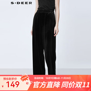 S.DEER圣迪奧2021冬季女裝復古松緊拼接絲絨直筒黑色長(cháng)褲S21480811 黑色/91 M/165