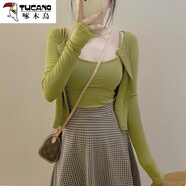 啄木鳥(niǎo)（TUCANO）春秋粉色針織罩衫女披肩外套小坎肩外搭開(kāi)衫加吊帶背心兩件套上衣 橄欖綠 S