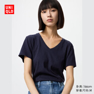 優(yōu)衣庫(kù)女裝竹節(jié)紗V領(lǐng)T恤/短袖棉白T上衣打底內(nèi)搭春夏新款483576 69 藏青色 XS /150/76A