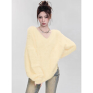 吻璦（wenai）打底衫女2025年秋冬裝新款長(cháng)袖t恤粉色V領(lǐng)馬海毛套頭毛衣女秋冬季 黃色 均碼