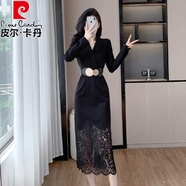 皮爾卡丹（pierre cardin）御姐風(fēng)時(shí)尚名媛氣質(zhì)收腰長(cháng)袖蕾絲拼接西裝包臀連衣裙黑色小禮服女 黑色 XL