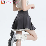 VOYDOVE灰色蕾絲花邊百褶半身裙女春夏小個子高腰顯瘦防走光a字西裝短裙 灰色【z】 M