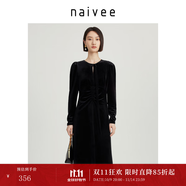 納薇（naivee）商場(chǎng)同款春夏新款飄帶領(lǐng)甜美高貴時(shí)尚收腰長(zhǎng)袖絲絨連衣裙 黑色 M