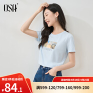 歐莎（OSA）白色短款T恤女士夏季新款衣服短袖印花顯瘦正肩上衣體恤修身 淺藍(lán)色 M