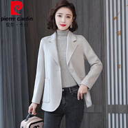 皮爾卡丹（pierre cardin）雙面羊.絨大衣女2025秋冬新款高端短款修身小個(gè)子羊.毛呢子小外套 米白色 S