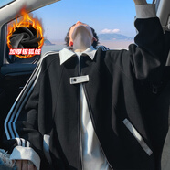 主意范（ZHUYIFAN）美式條紋休閑開(kāi)衫衛衣男秋冬加絨加厚潮牌學(xué)院風(fēng)情侶運動(dòng)夾克外套 A001-5089J黑色加絨 XL 125-145斤