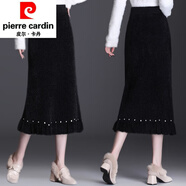 皮爾卡丹（pierre cardin）水絨加厚保暖半身裙女士春秋高腰字裙百褶裙中長毛線裙子針織 黑色 貂絨大擺釘珠2021 均碼 建議【80-160斤】