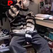 皮爾卡丹（pierre cardin）韓版秋冬季圓領(lǐng)毛衣男生撞色條紋慵懶風(fēng)休閑寬松橫條毛針織衫外套 黑色 XL