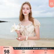 三彩2025夏季新款木耳邊荷葉袖蝴蝶印花雪紡連衣裙大擺長(zhǎng)裙M 杏色花卉 S 155/80A