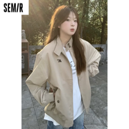 森馬（Semir）美式復古時(shí)尚設計感外套女春秋新款小眾寬松休閑工裝夾克女小個(gè)子 卡其色【版】 S 80-95斤