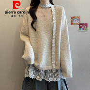 皮爾卡丹（pierre cardin）紫色蕾絲拼接V領(lǐng)針織衫毛衣女款秋季大碼胖mm感掛脖飄帶上衣 白色(版)【感超好看/歐洲站歐貨/網(wǎng)紅炸街官方旗艦 M 【80-100斤】