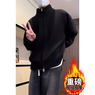 主意范（ZHUYIFAN）雙拉鏈開(kāi)衫毛衣外套男半高領(lǐng)加厚保暖秋冬oversize情侶針織衫夾克 黑色加絨加厚（高品質(zhì)升級版） L 100-125斤