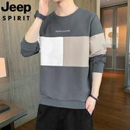 JEEP SPIRIT吉普男撞色拼接長袖T恤2025春秋季圓領(lǐng)衛(wèi)衣休閑上衣套頭加絨體恤 WE006灰色 M