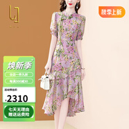 OLJ高檔品牌連衣裙女2025年夏季新款溫柔氣質(zhì)立領(lǐng)荷葉邊雪紡碎花裙子 粉色 S