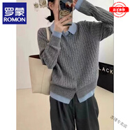羅蒙（ROMON）春秋外穿翻領(lǐng)拼色假兩件羊毛絨針織開(kāi)衫女韓版寬松長(cháng)袖短款毛衣厚 100%純羊毛-灰藍 優(yōu)選品質(zhì)-女裝 L