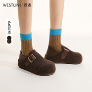 西遇（Westlink）西遇毛呢勃肯鞋女新款秋冬兩穿一腳蹬加絨棉鞋內(nèi)增高毛毛鞋 咖色 36