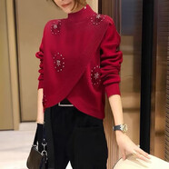 JPUZ高端洋氣釘鉆交叉短款長(cháng)袖羊·毛衣女春秋時(shí)尚半高領(lǐng)寬松百搭針織 紅色 S
