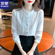 羅蒙2025春秋新款木耳邊立領(lǐng)純.棉襯衫女長袖刺繡花朵洋氣襯衣棉麻上 白色 S 80-95斤