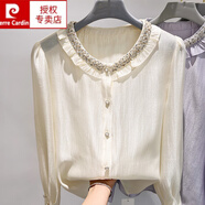 皮爾卡丹（pierre cardin）2025新款韓國氣質(zhì)圓領(lǐng)亮片釘珠木耳邊單排扣長袖雪紡襯衫女春季 米白色 M