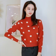 全鶯月小個(gè)子波點(diǎn)半高領(lǐng)加厚毛衣女休閑秋冬新款針織衫短款套頭上衣女 桔色 S