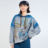 木果果木2025秋冬新品貓咪印花上衣復古街頭風(fēng)百搭寬松連帽衛衣女 月亮藍 XL
