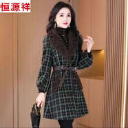 恒源祥毛呢大衣外套女春秋冬新款貴夫人中長款羊羔毛小香風(fēng)格子皮草外套 綠色外套 加棉 加厚 M 95-105斤