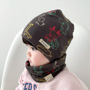 萌夫（MENGFU）新款純棉兒童雙層帽子圍脖兩件套寶寶套頭帽秋冬季防風(fēng)保暖護耳帽 線(xiàn)條動(dòng)物碳灰 L【頭圍50-56cm/3-6歲】