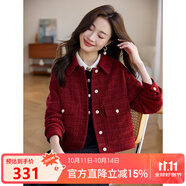 熙世界輕奢絨感粗花呢小香風(fēng)外套女小個(gè)子短款?yuàn)A克上衣新款 海棠紅 L